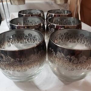 👑VFOY Set of 6 MCM Roly Poly Lowball Glasses w/Silver embossing Vtg. Barware